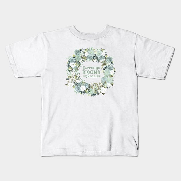 Happiness Quote Shabby Chic Watercolor Roses Kids T-Shirt by Blue Planet Boutique